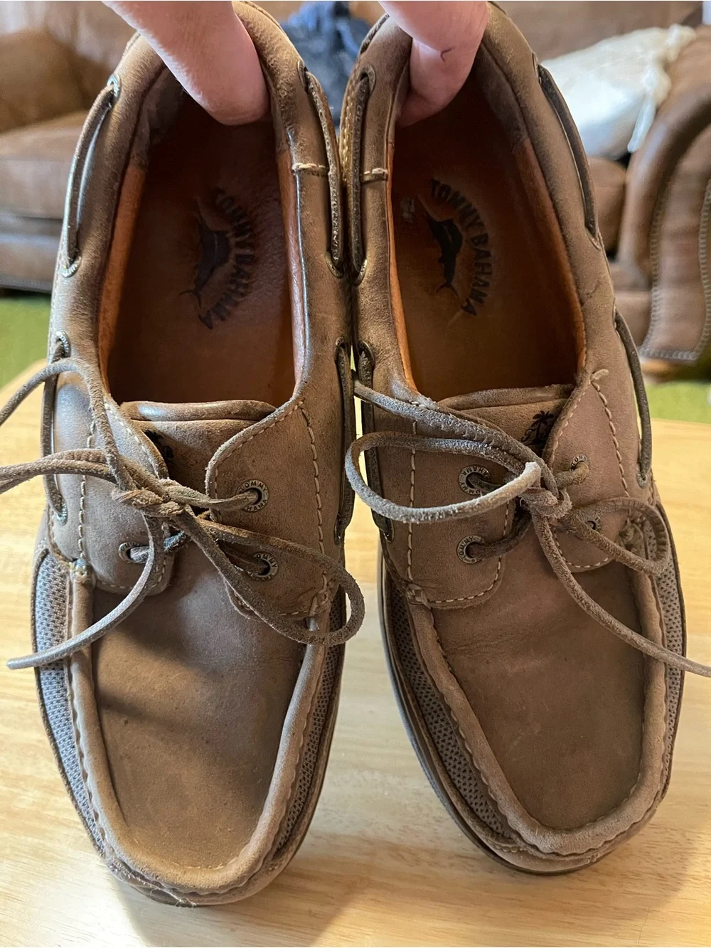 Tommy Bahama Dark Olive Leather Boat Shoes Men Size 9.5M